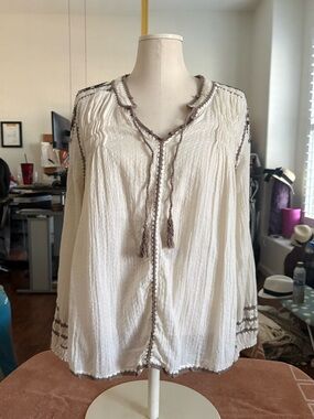 Sundance Cream Peasant Tunic with Brown Trim